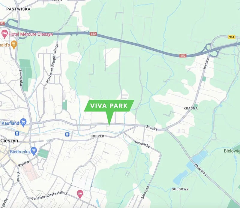 Mapa: położenie Viva Park Cieszyn przy trasie S52