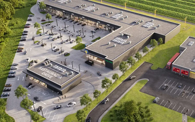 Wizualizacja parku handlowego Viva Park Rzeszów-Jasionka z parkingiem i restauracją drive-thru